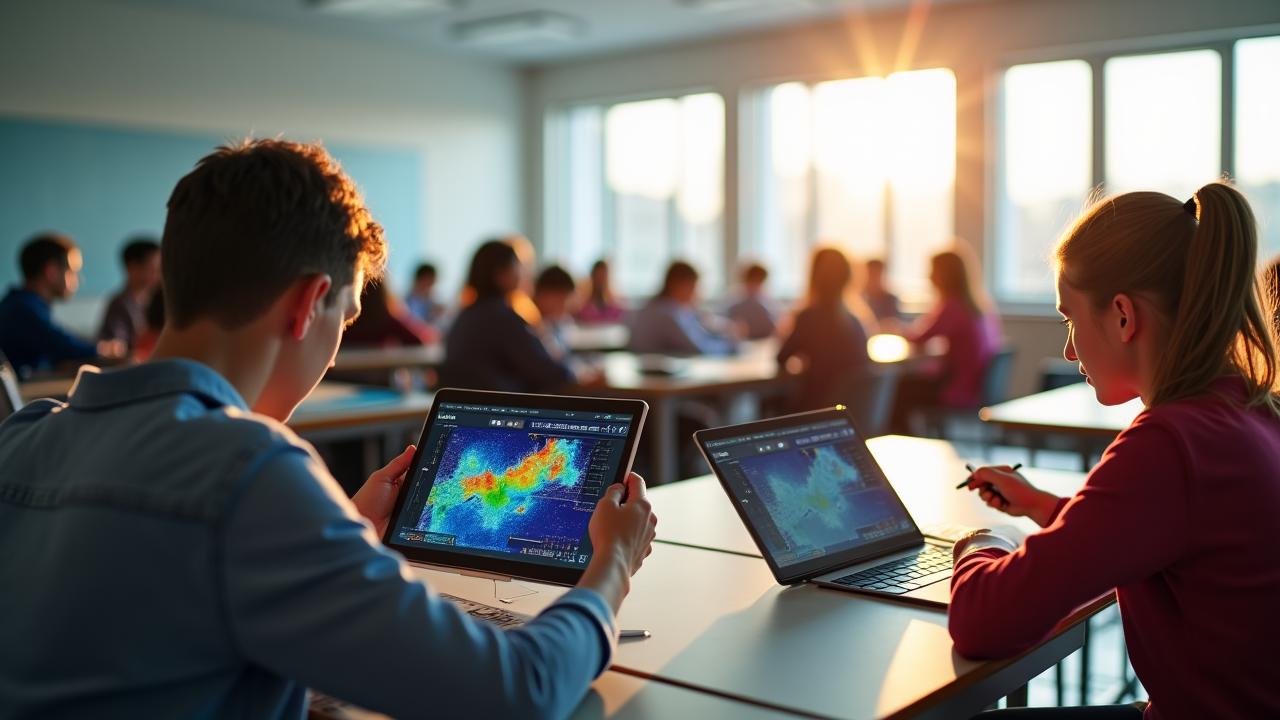 Studenti in un'aula moderna che utilizzano tablet per studiare i fenomeni meteorologici